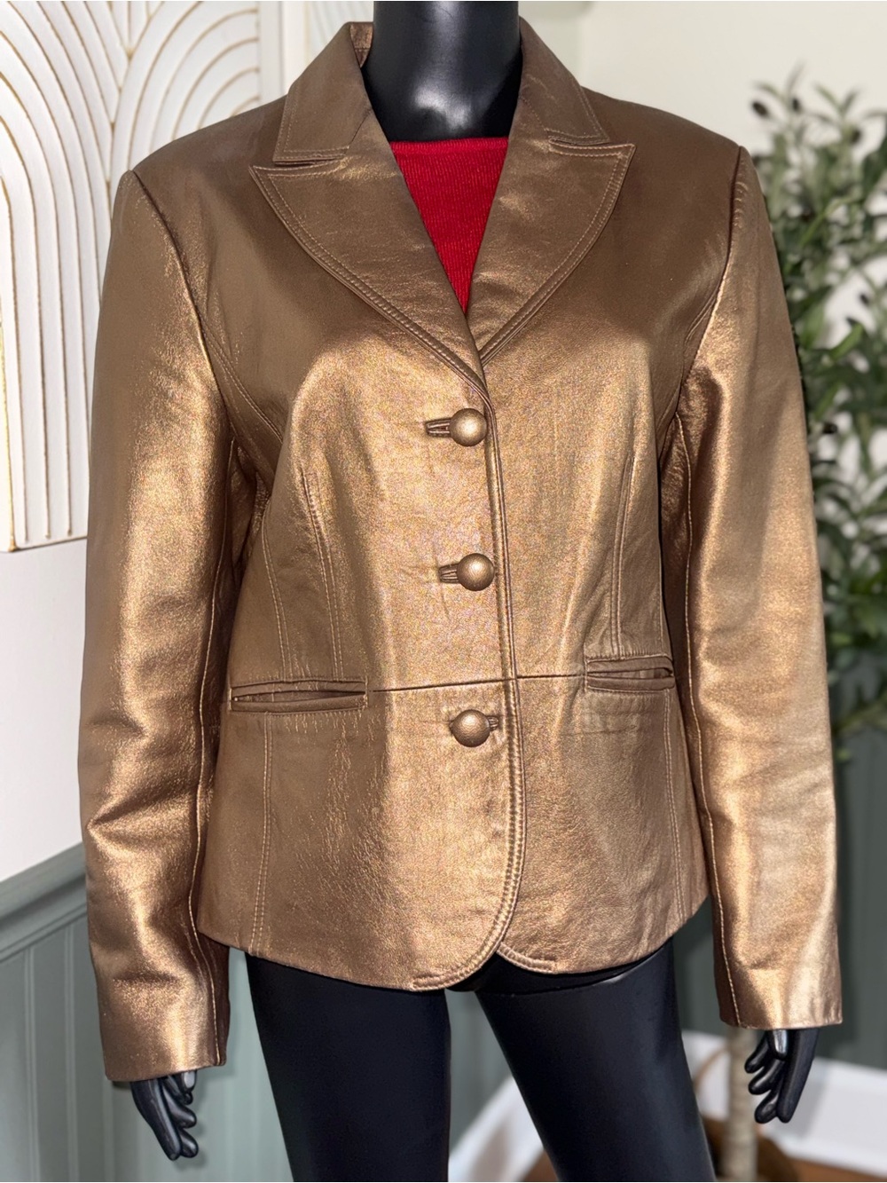 Bernardo Women’s Bronze Genuine Leather Blazer Jacket Holiday Party | Large - Picture 9 of 14
